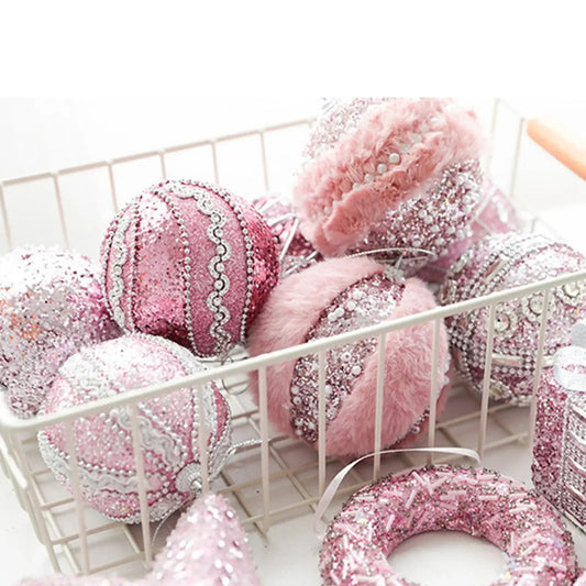 6Pcs Pink Christmas Tree Ornament Set – Sequin, Plush, Bow & Letter Decorations 6 PCS / United States