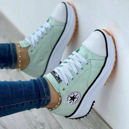 Flat Lace-Up Sneakers Pattern Canvas Casual Women Sport Shoes Light Green / 7.5