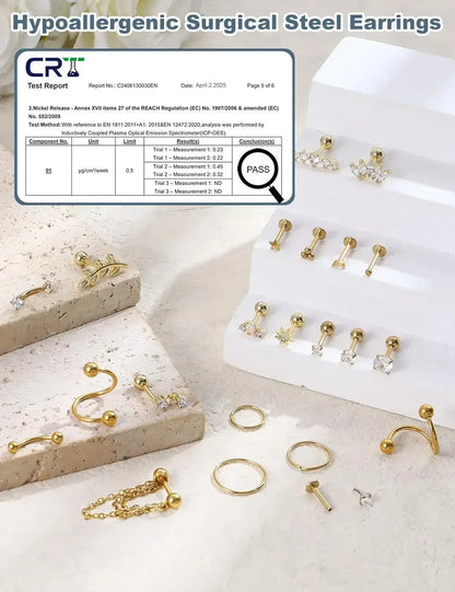 22-Piece 16G Cartilage Earring Set for Women–Surgical Stainless Steel United States / Silver