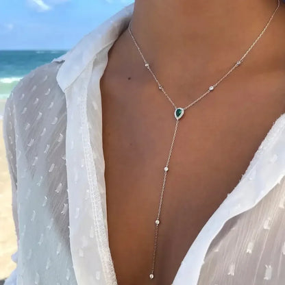 Emerald Green Teardrop Lariat Necklace Minimalist Y Drop Pendant for Women Silver green / United States