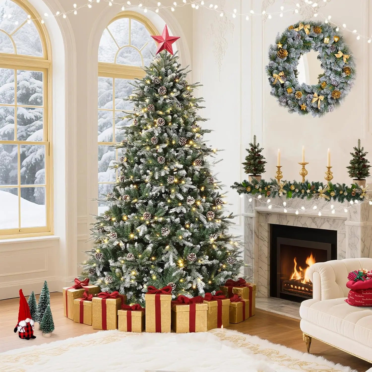 Pre-Lit Snow Flocked Slim Christmas Tree with LED Lights & Pine Cones adorned with gifts and decorations in a cozy living room.