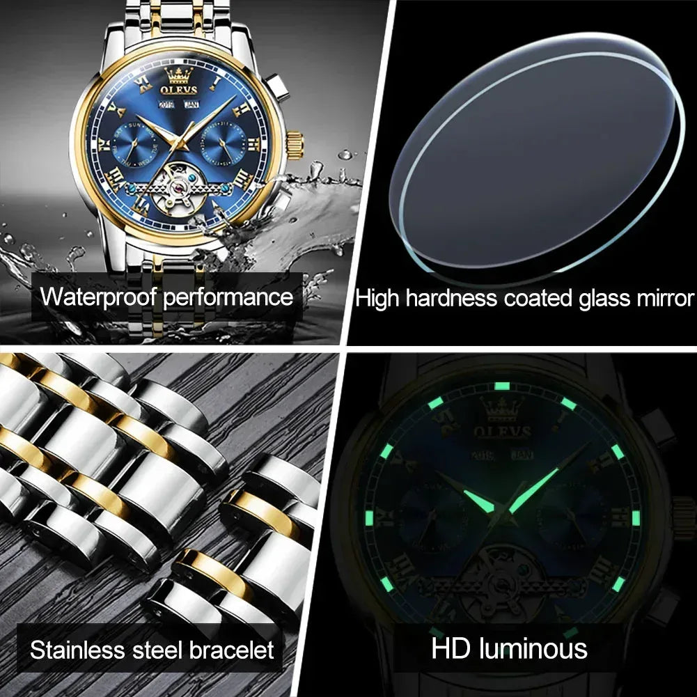 OLEVS Men's Watches Automatic Mechanical Business Wristwatch Silver green face