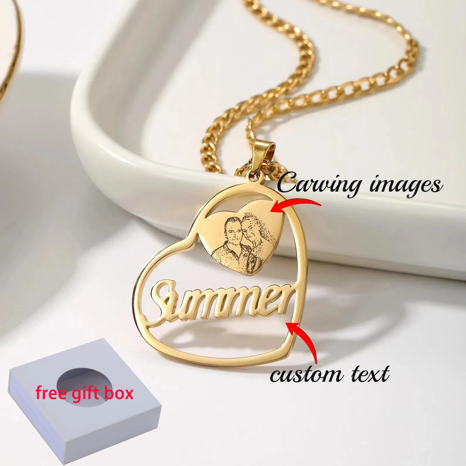 Picture Engraved Heart Necklace Custom Name