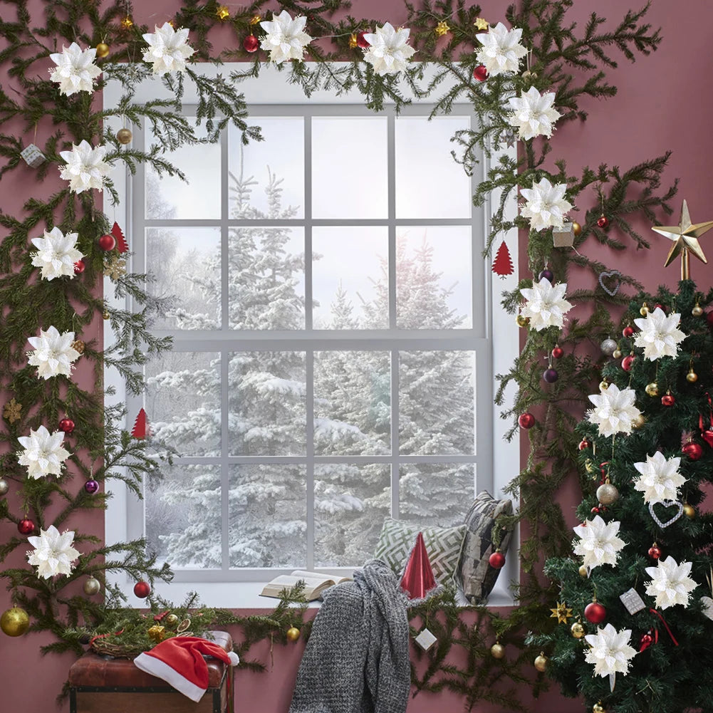 Glitter Poinsettia Christmas Tree Ornaments – 12/24/36PCS Red / 12pcs / United States