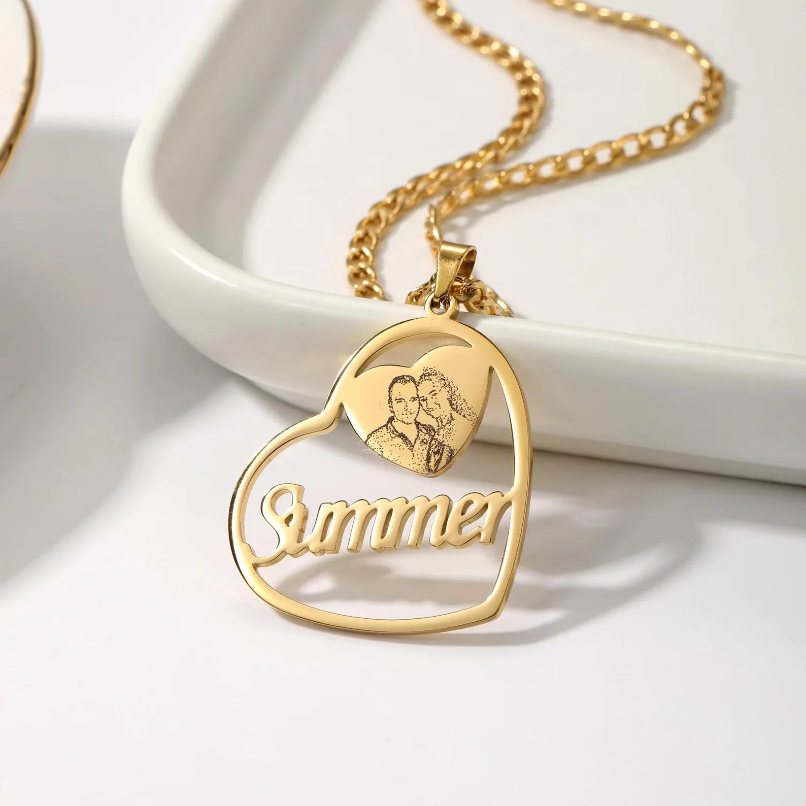 Picture Engraved Heart Necklace Custom Name