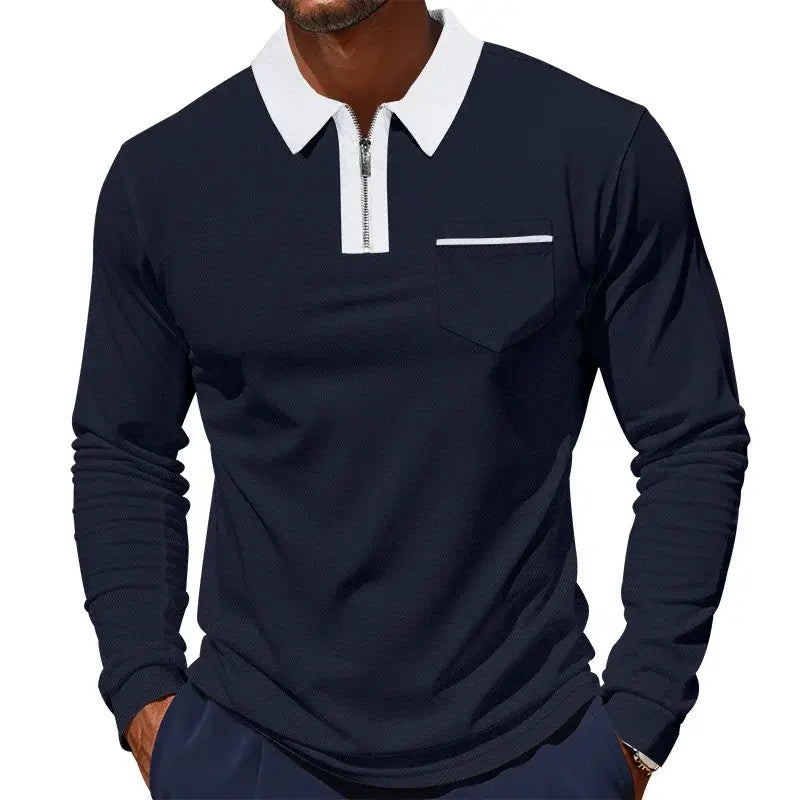 Stylish men long sleeve shirt with polo collar, ideal for sports and travel.