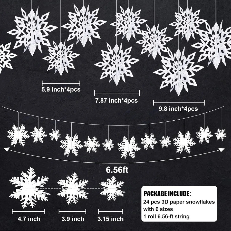 24PCS 3D White Paper Snowflake Decorations