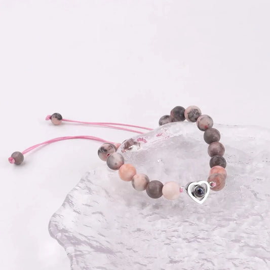 Custom Projection Photo Bracelet 6mm Natural Stone Circle Pendant Heart 1 / Black Beads / United States