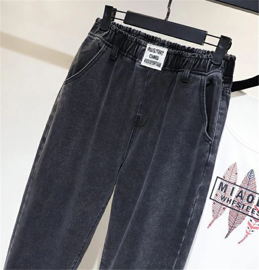 High Waist Elastic Waist Ankle-length Harem Denim Pants