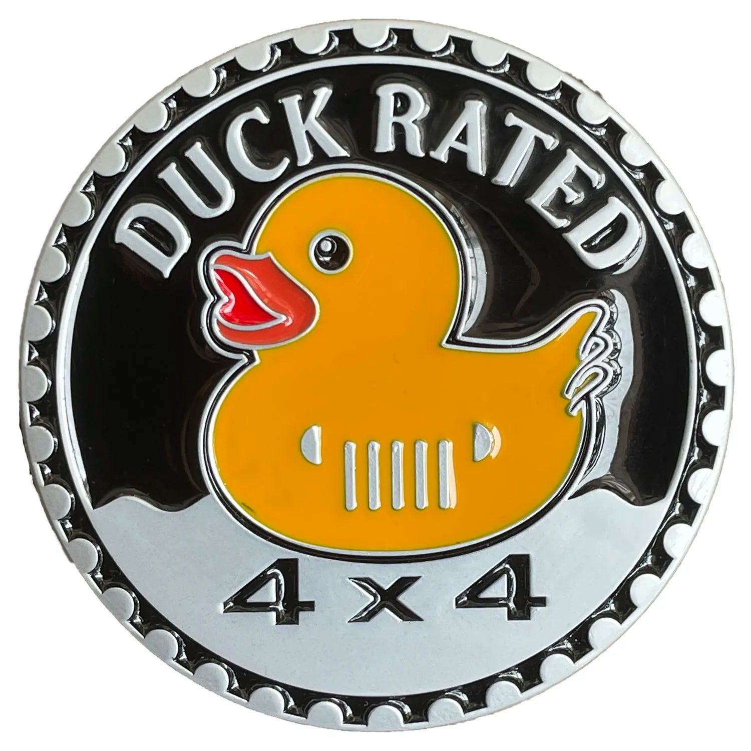 Car exterior emblem with 3D duck rated design.