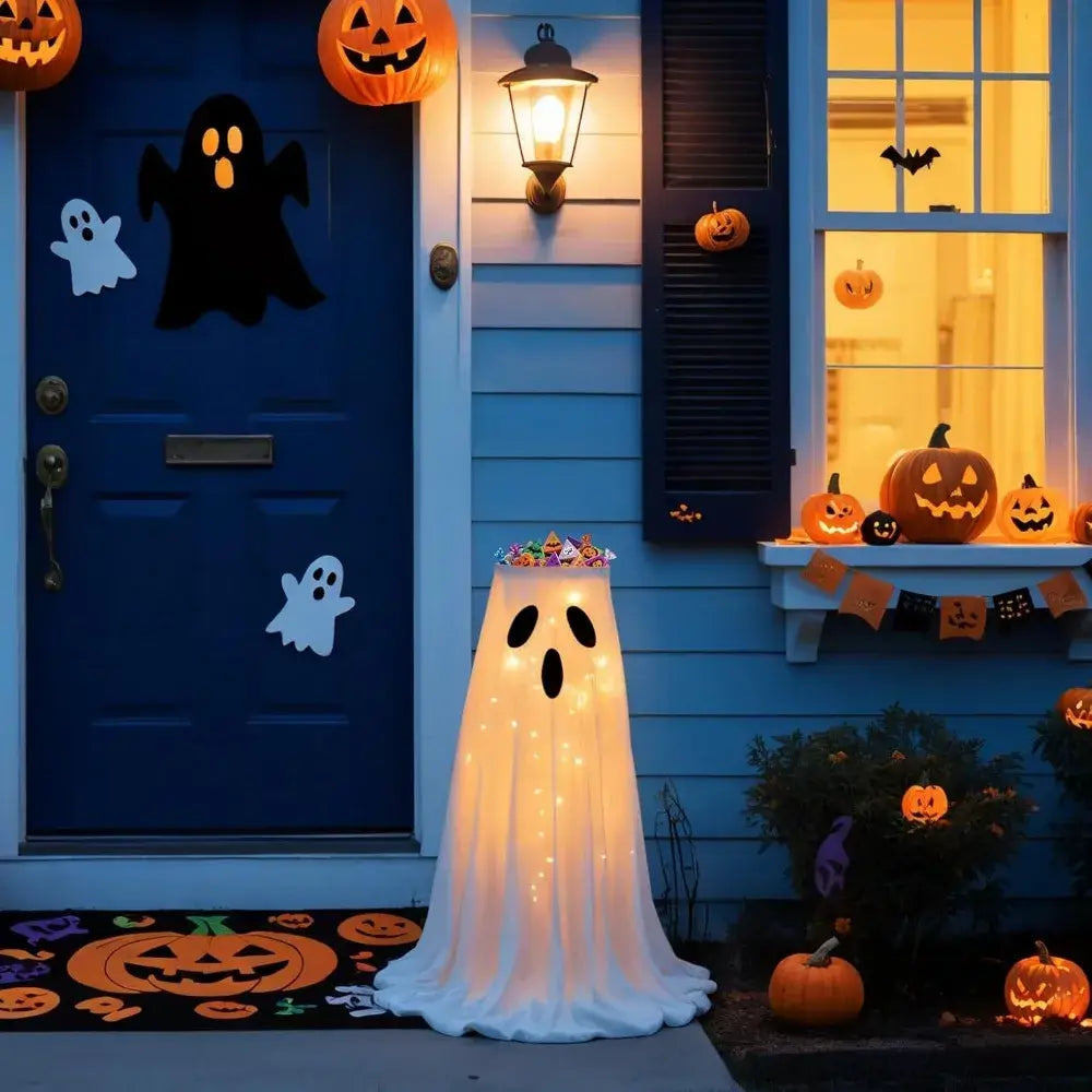 Halloween Lighted White Cloth Ghost Candy Bowl Decoration