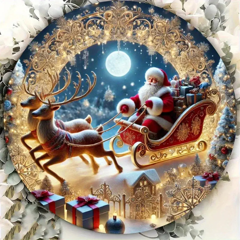 Santa Claus Sleigh Round Metal Wall Sign