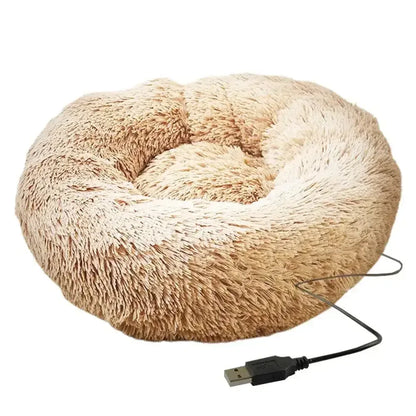Round Dog Bed House Dog Mat Long Plush Cats Nest USB Heating Dog Basket Pet Cushion Soft Sleeping Pets Winter Warmth Supplies Gray / M / United States