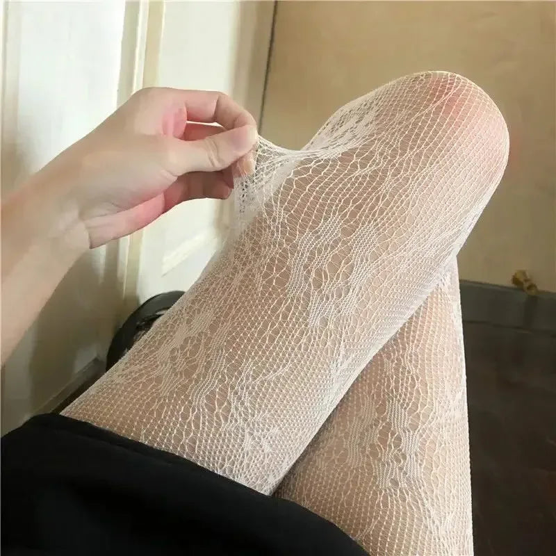 Hollowed Lace Mesh Stocking WHITE
