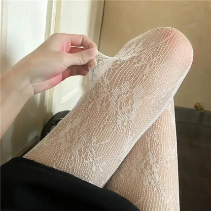 Hollowed Lace Mesh Stocking WHITE