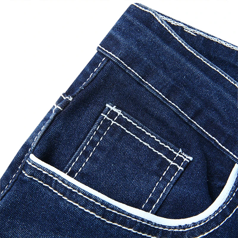 Men Jeans Solid Pockets Stretch Denim Straight Pants