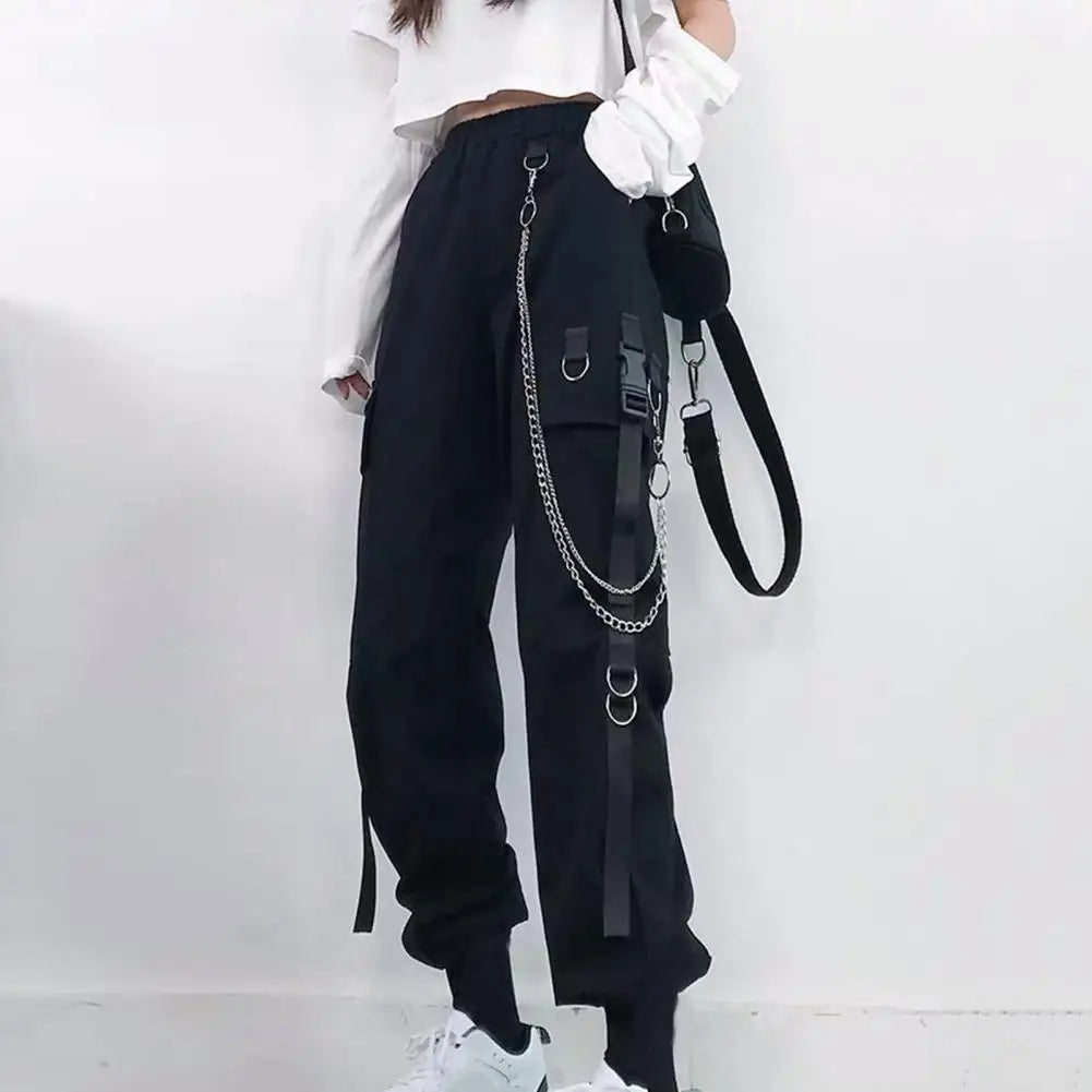 Women Cargo Pants Chain Decor Multi Pockets High Elastic Waist Pants