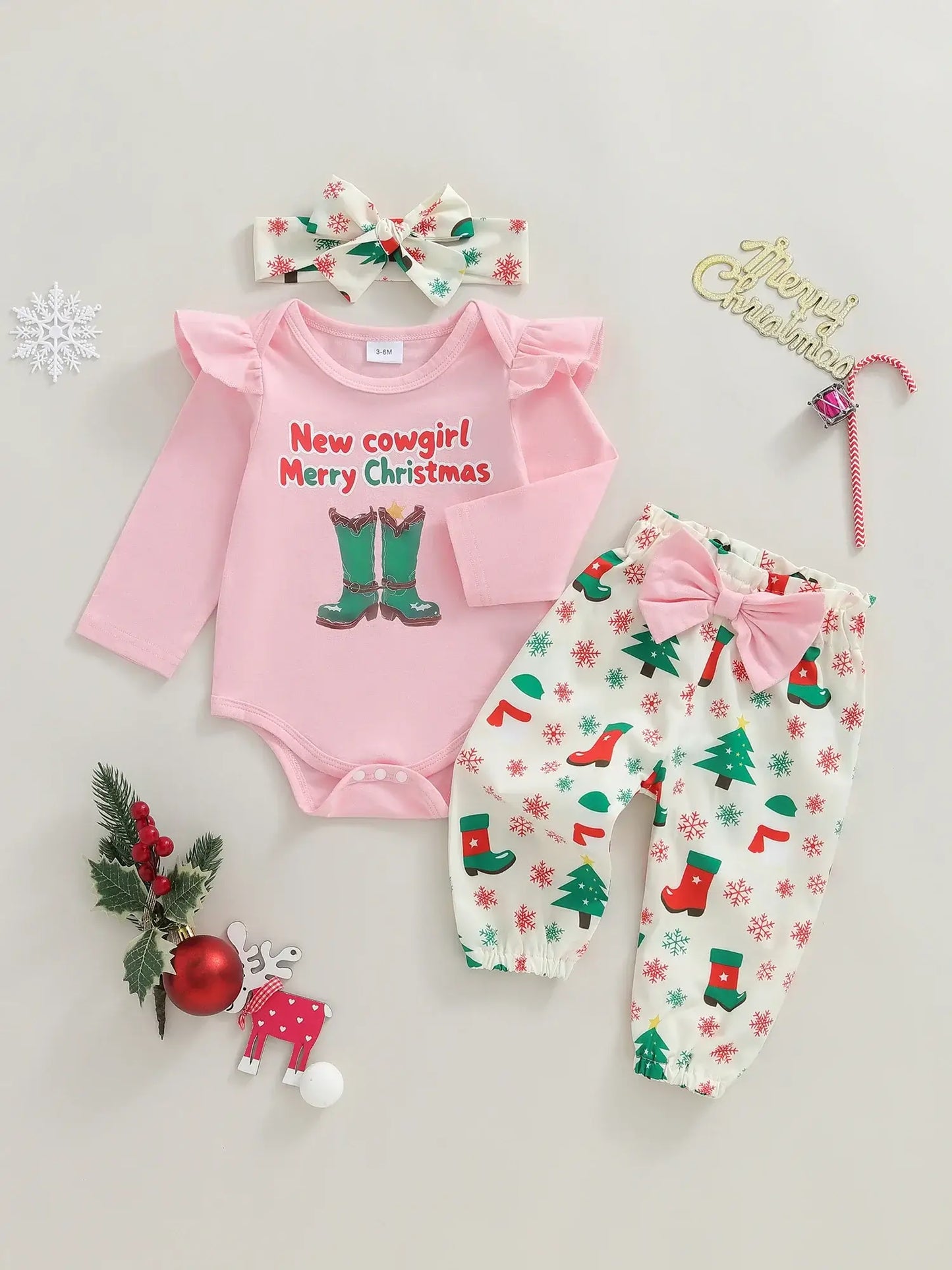 Christmas Baby Girl 3-Piece Outfit Khaki / 6-9 Months / United States