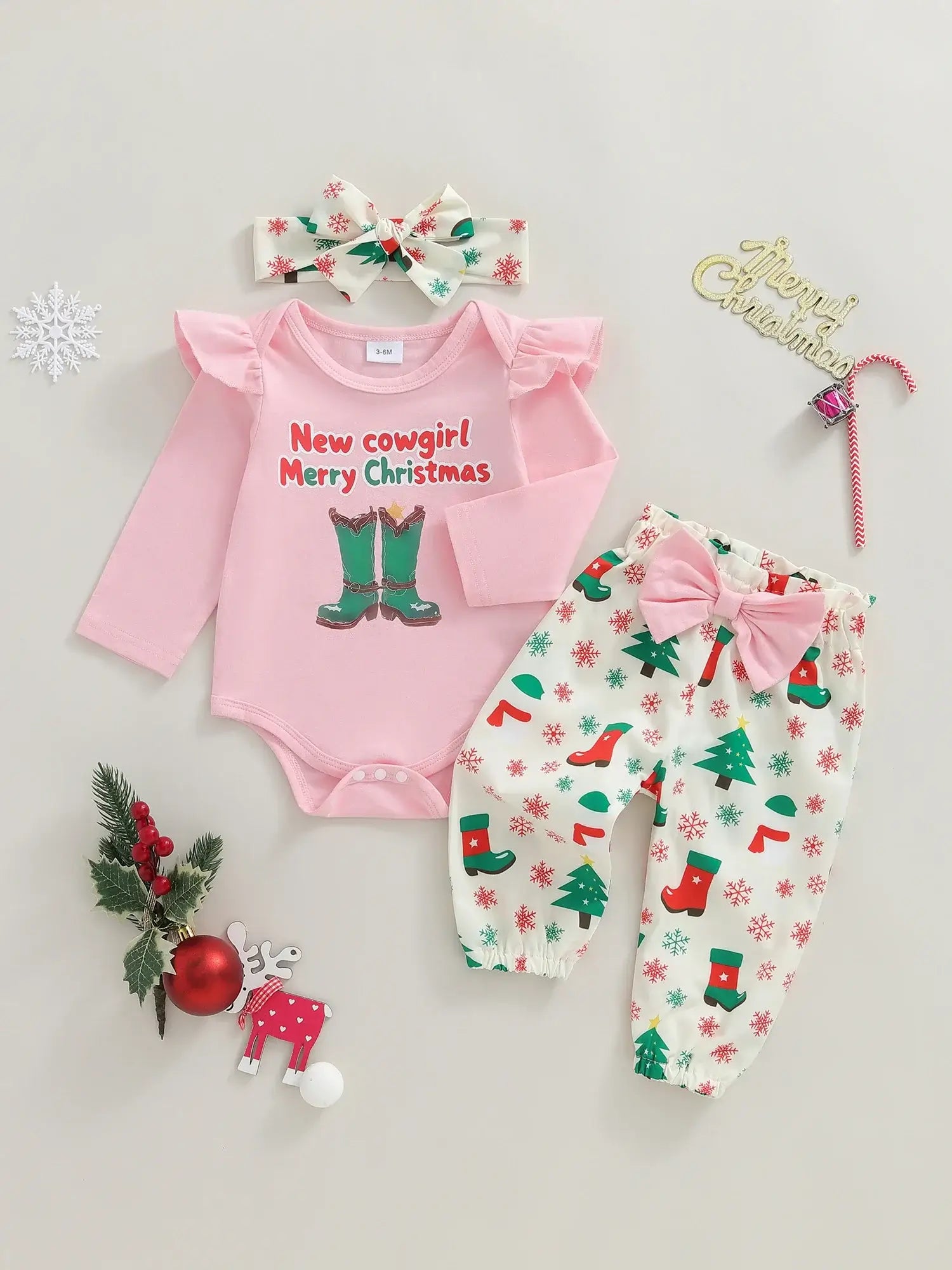 Christmas Baby Girl 3-Piece Outfit Khaki / 6-9 Months / United States