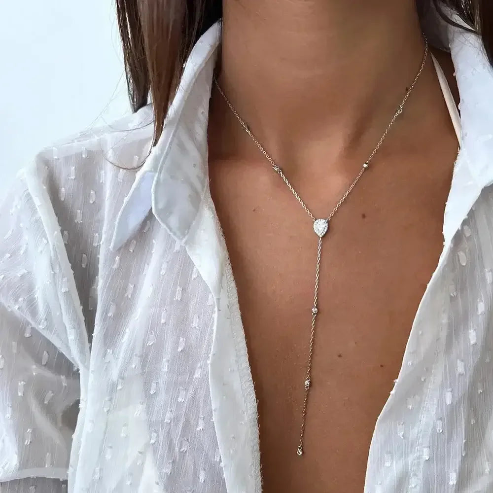 Emerald Green Teardrop Lariat Necklace Minimalist Y Drop Pendant for Women Silver white / United States