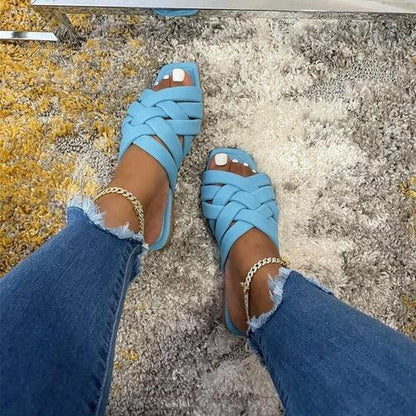 Summer Leather Flat Beach Slides Outdoor Casual Women Slippers Blue / 6