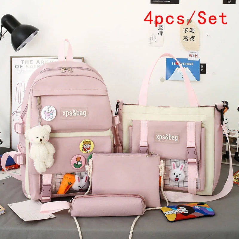 Four Piece Backpack With Teddy Bear Pendant