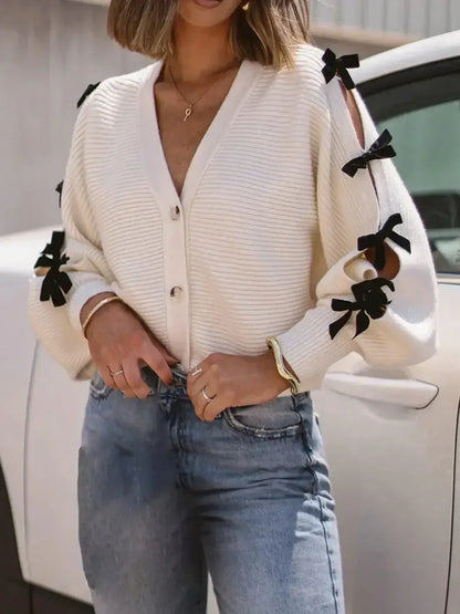 Elegant Knit Cardigan with V-Neckline and Chic Bow Detail Stylish Button-Down Sweater Coat WHITE / S / United States