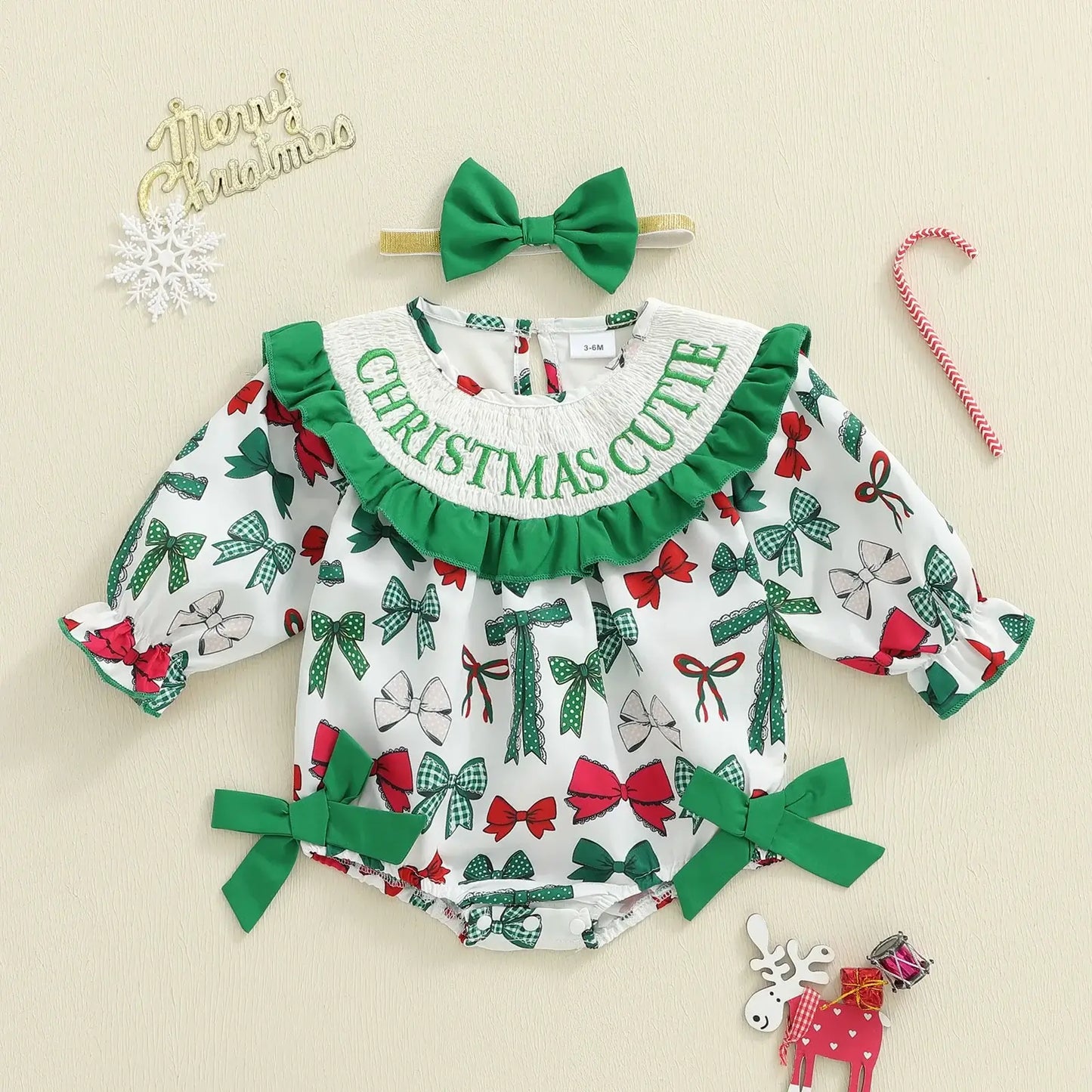Christmas Baby Girl Plaid Romper Dress & Bow Headband Set army green / 6-12 Months / United States