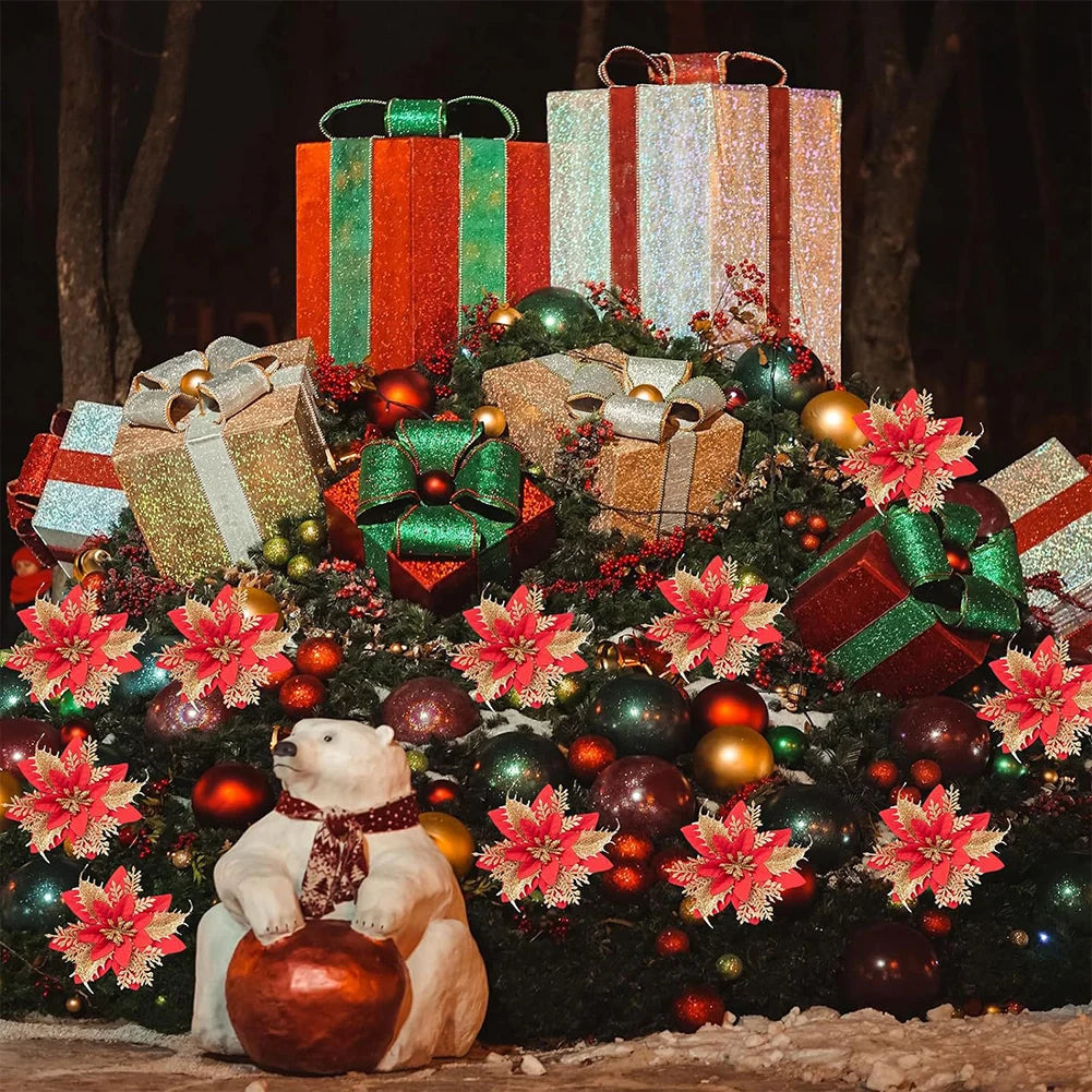 Glitter Poinsettia Christmas Tree Ornaments – 12/24/36PCS Red / 12pcs / United States