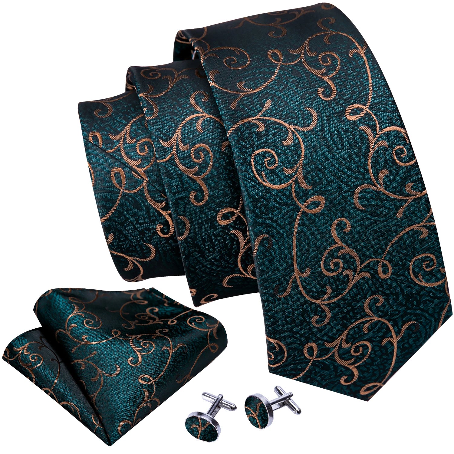 Green & Gold Floral Jacquard Tie Set with Pocket Square & Cufflinks
