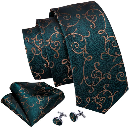 Green & Gold Floral Jacquard Tie Set with Pocket Square & Cufflinks United States
