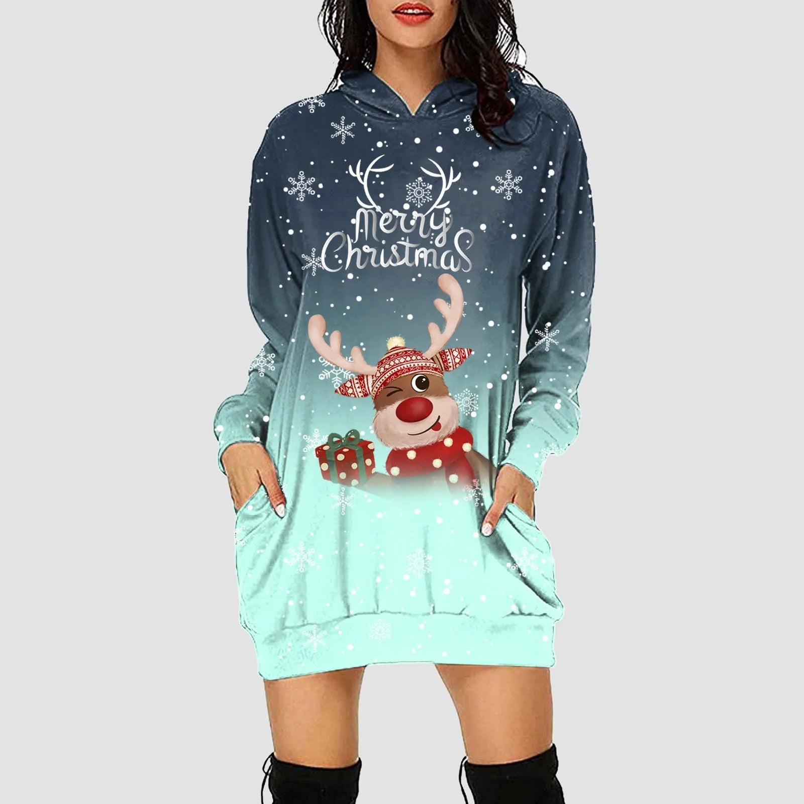 Women & Girls Christmas Sweatshirt Dress – Snowflakes & Reindeer Print, Long Sleeve