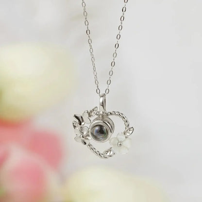 925 Silver Heart Projection Necklace Custom Photo Flower Pendant for Women Silver / 925 Sterling Silver / 50cm