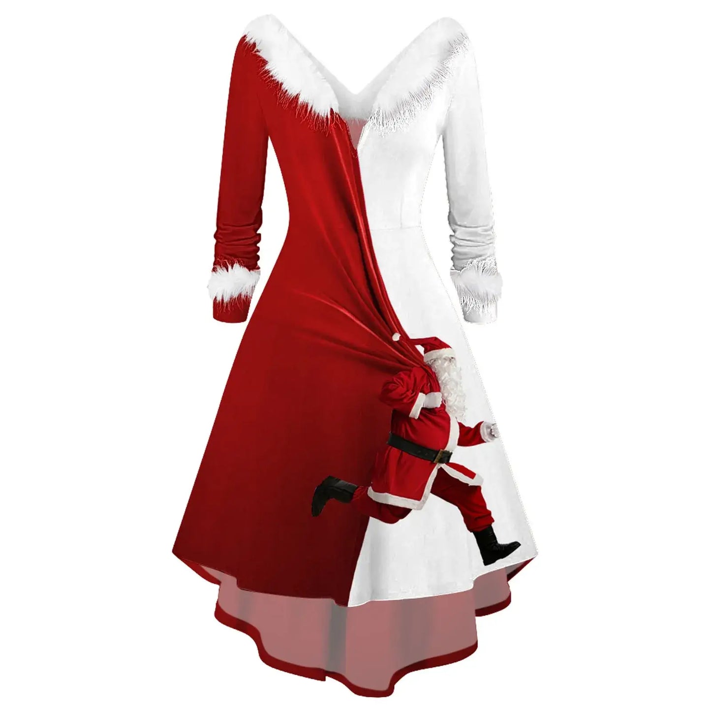 Women’s Christmas Plush Party Dress – V-Neck Swing Long Dress Red / M / United States