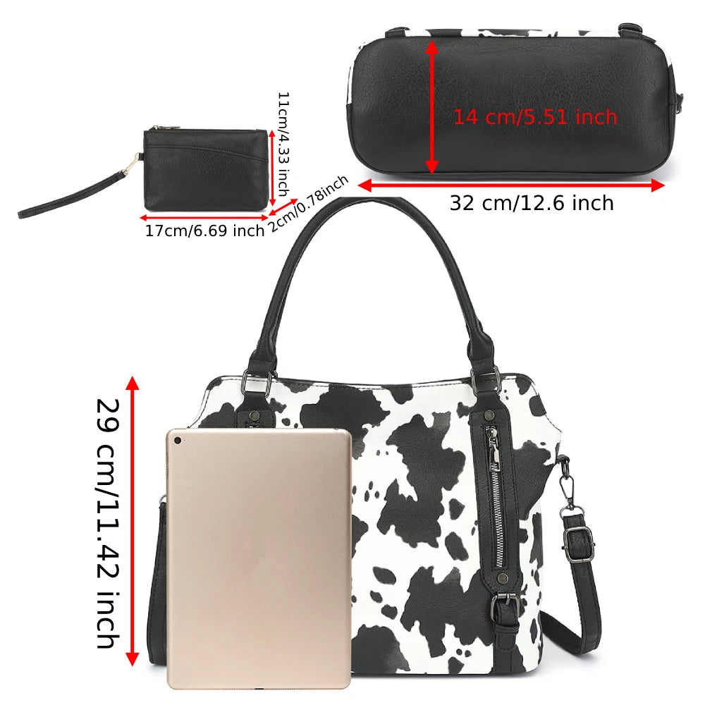 Handbags PU Leather Large Shoulder Bag, Cow Pattern Work Bags With Multi-Pockets