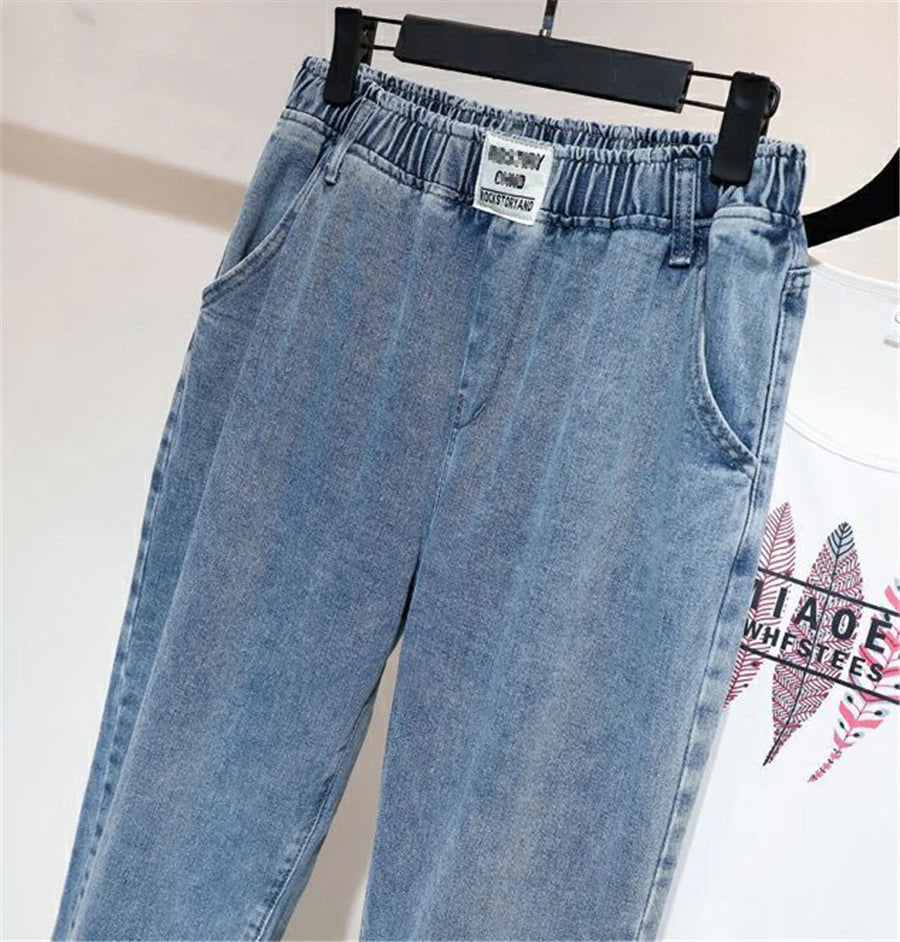 High Waist Elastic Waist Ankle-length Harem Denim Pants