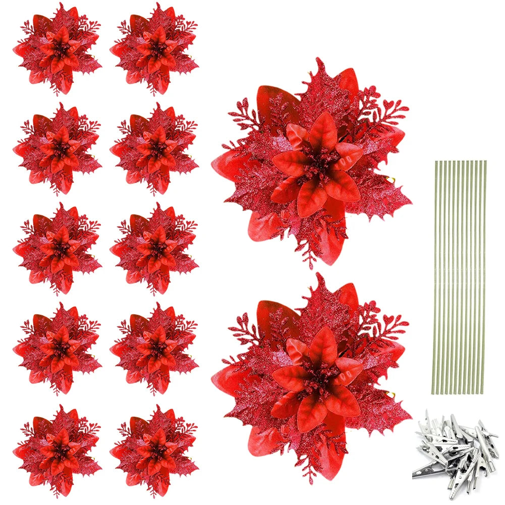 Glitter Poinsettia Christmas Tree Ornaments – 12/24/36PCS Red / 12pcs / United States