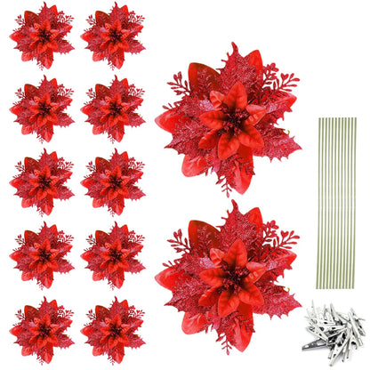 Glitter Poinsettia Christmas Tree Ornaments – 12/24/36PCS Red / 12pcs / United States