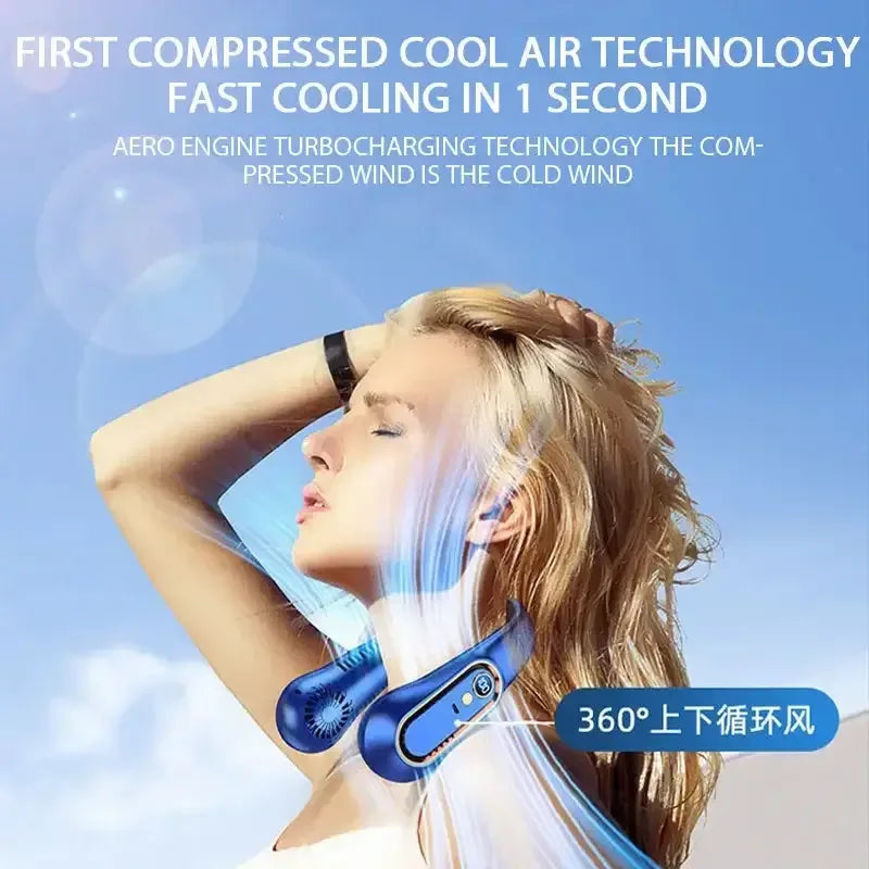 Hanging Neck Fan Digital Display Power Ventilador Bladeless Neckband Fan Portable Mini Air Cooler Blue / United States