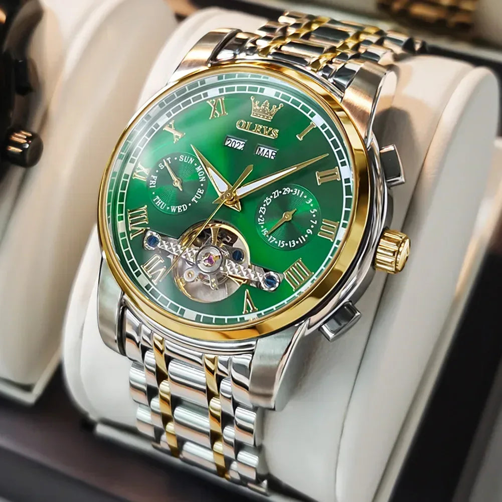 OLEVS Men's Watches Automatic Mechanical Business Wristwatch Gold green face