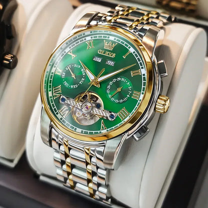 OLEVS Men's Watches Automatic Mechanical Business Wristwatch Gold green face