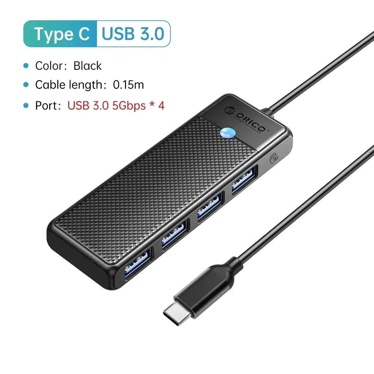ORICO Ultra-Slim 4-Port USB-C Hub 4 USB 3.0 15cm USB C / United States
