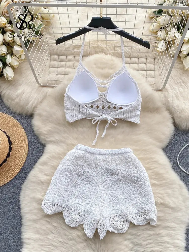 Stylish knitted two piece shorts set for women, perfect for summer and vacations.