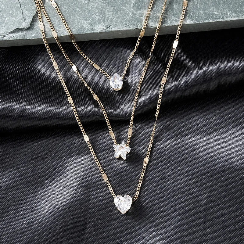 Crystal Zircon Heart Star Charm Layered Pendant Necklace Set