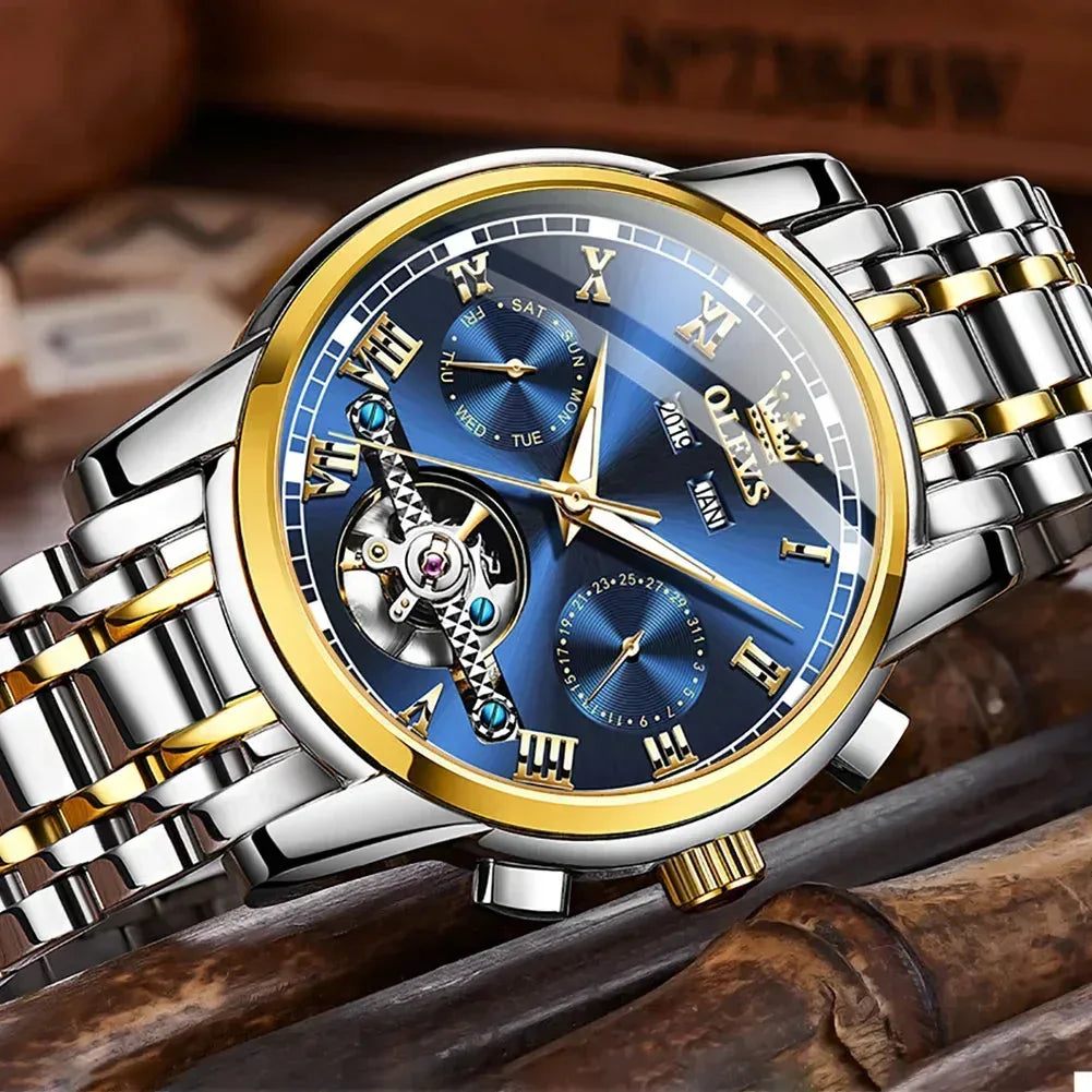 OLEVS Men's Watches Automatic Mechanical Business Wristwatch Silver green face