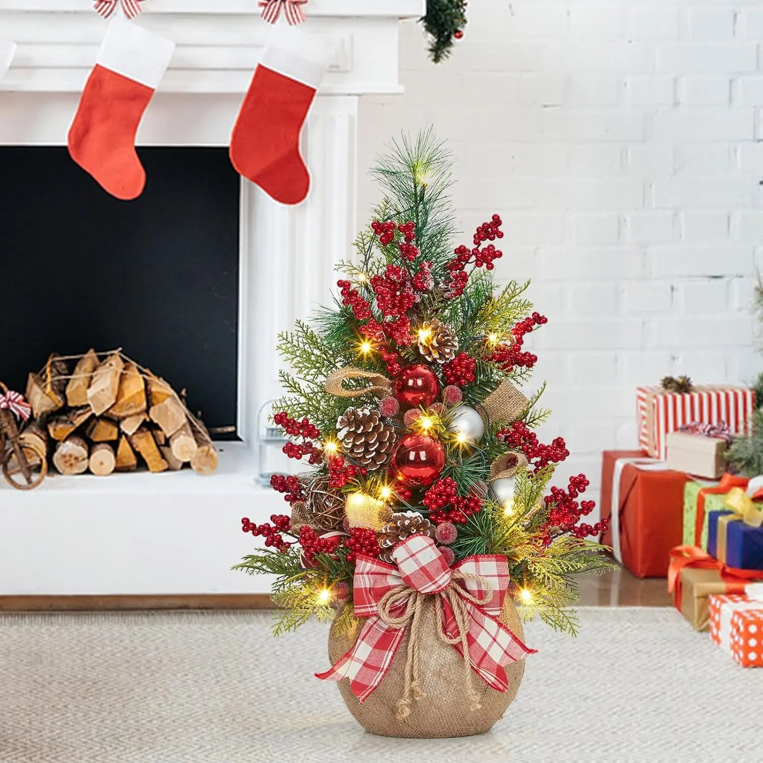 24-Inch Pre-Lit Mini Christmas Tree decorated with red berries, pine cones, and warm LED lights for festive charm.
