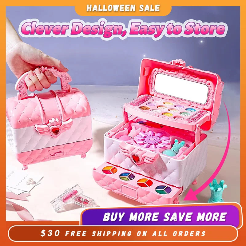 Kids Multi-Layer Foldable Makeup Set – 32-in-1 Pretend Play Cosmetic Kit with Storage Box