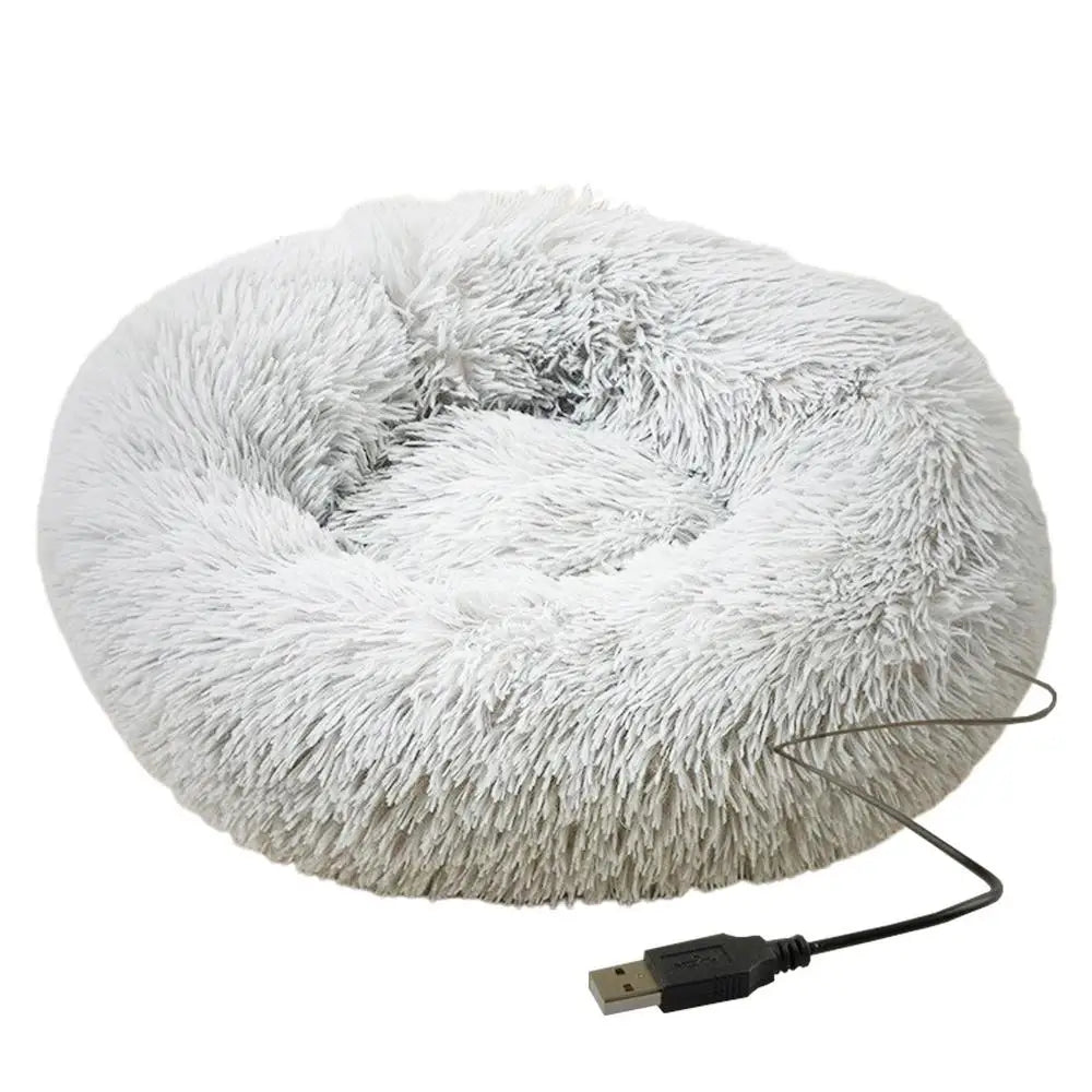 Round Dog Bed House Dog Mat Long Plush Cats Nest USB Heating Dog Basket Pet Cushion Soft Sleeping Pets Winter Warmth Supplies