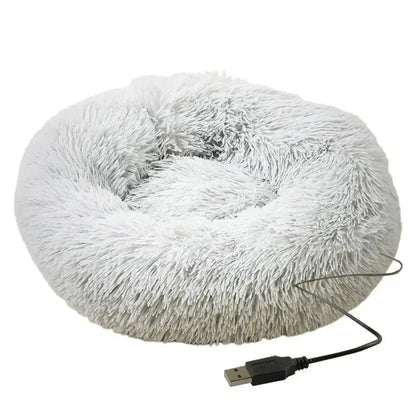 Round Dog Bed House Dog Mat Long Plush Cats Nest USB Heating Dog Basket Pet Cushion Soft Sleeping Pets Winter Warmth Supplies Gray / M / United States