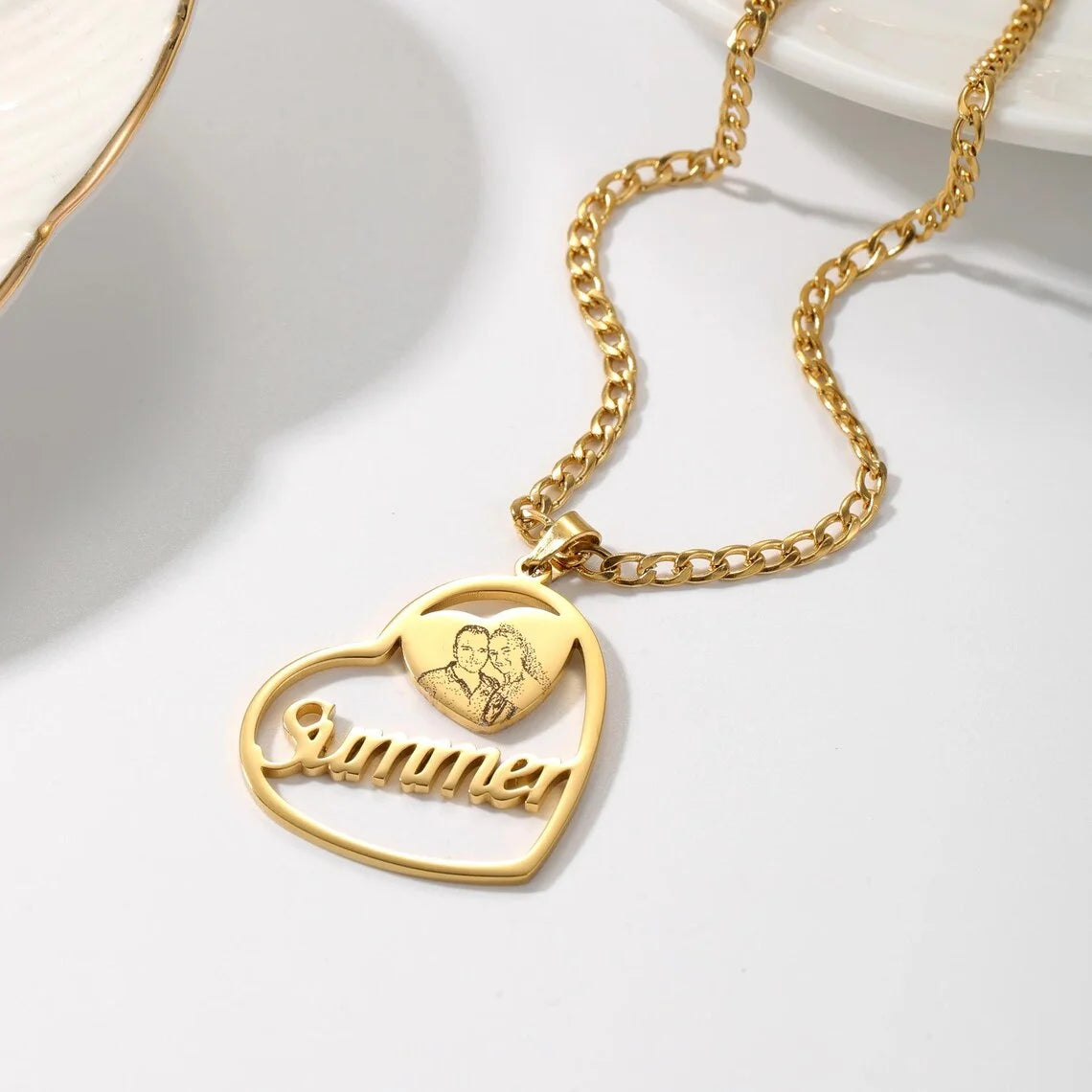 Picture Engraved Heart Necklace Custom Name